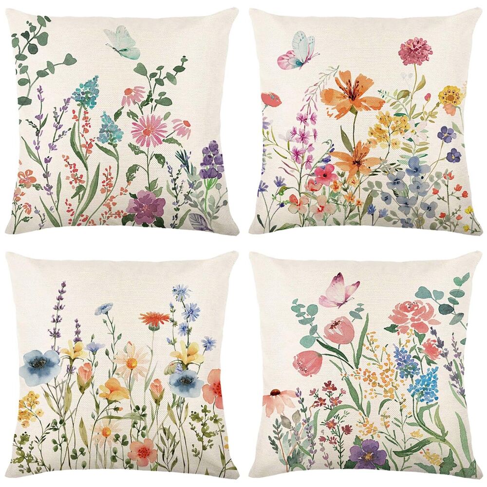 Set of 4, Floral Meadow Pillow Covers 18x18 Inch, Indoor Outdoor